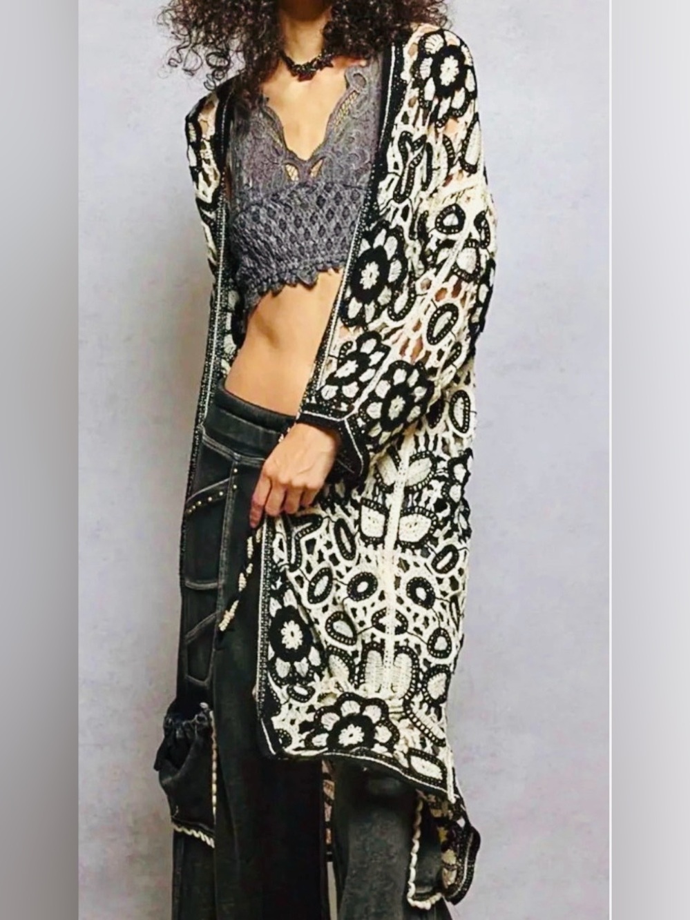 POL Crochet Creme Cardigan Kimono Duster Black Creme Women ONE or Small NWOT